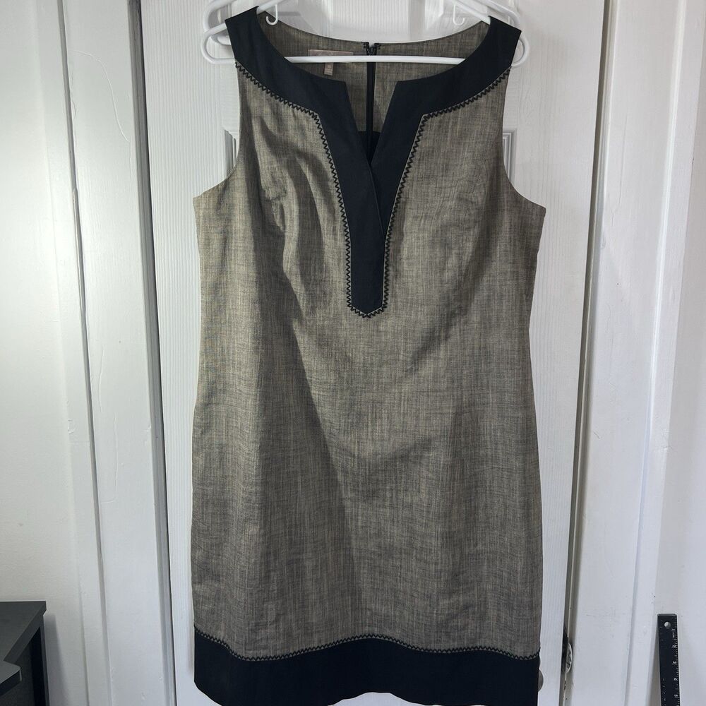 Tommy Bahama Gray Chambray Shift Dress 16 Sleeveless Split Neck Contrast Stitch